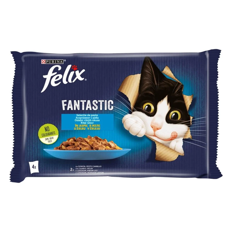PURINA Felix Fantastic, 2 smaken (Zalm en Vis Cambula), gemengde verpakking, zakjes nat kattenvoer, (in aspic), 85g x 4