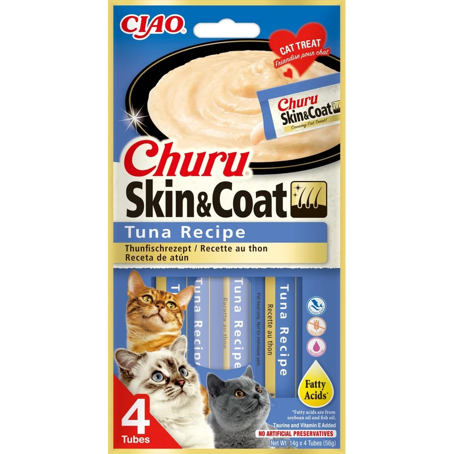 INABA Churu Churu Skin&Coat, Atún, bolsita sin cereales premios funcionales para gatos, piel & pelo, (topping), 56g