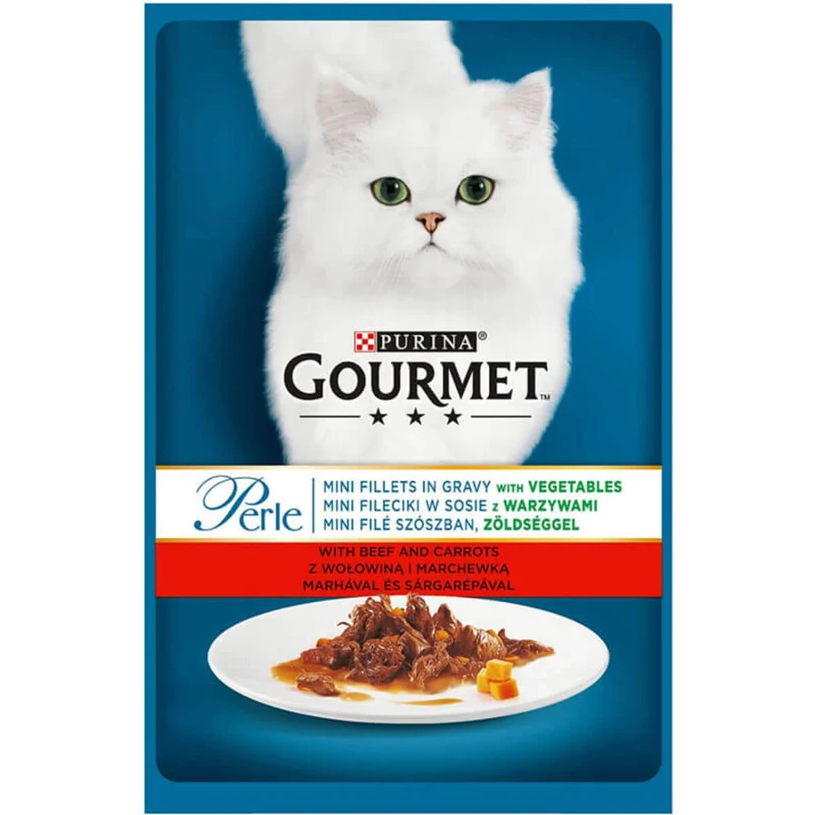 PURINA Gourmet Parels, Rundvlees, Wortelen en Groenten, zakje natvoer voor katten, (in saus), 85g