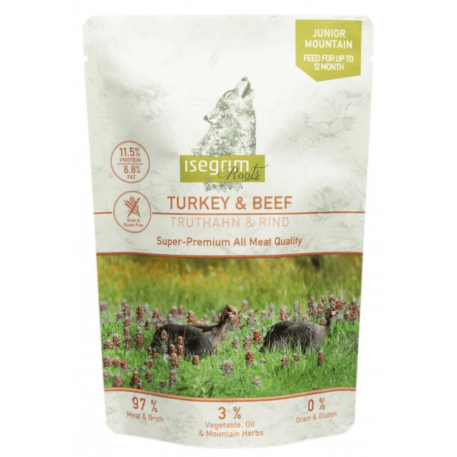 ISEGRIM, XS-XL, Turkey and Beef, sachet grain-free wet food for junior dogs, (in gravy), 410g