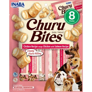 INABA Churu Bites, XS-XL, poulet et saumon, sachet récompense sans céréales pour chiens, semi-moelleux, 92g