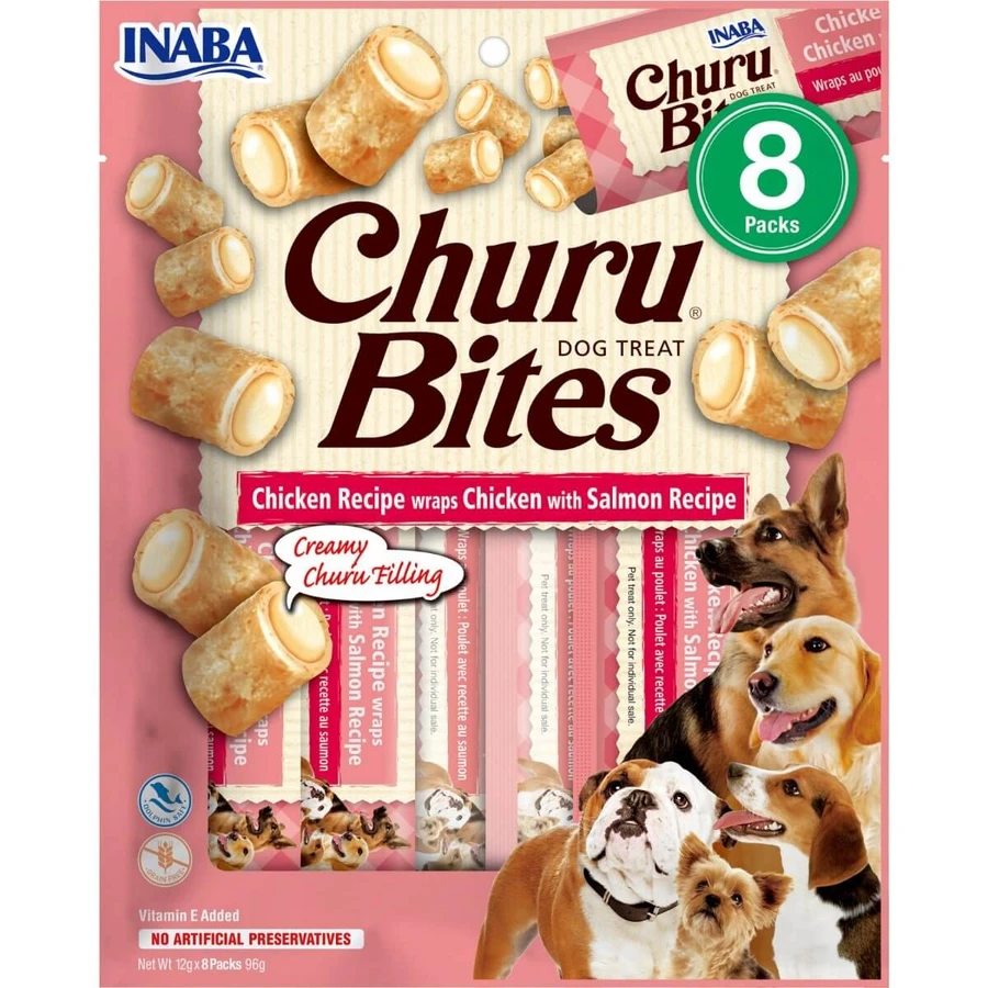 INABA Churu Bites, XS-XL, poulet et saumon, sachet récompense sans céréales pour chiens, semi-moelleux, 92g