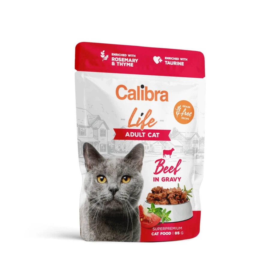 CALIBRA Life, Rindfleisch, Beutel getreidefreies Nassfutter für Katzen, (in Sauce), 85g