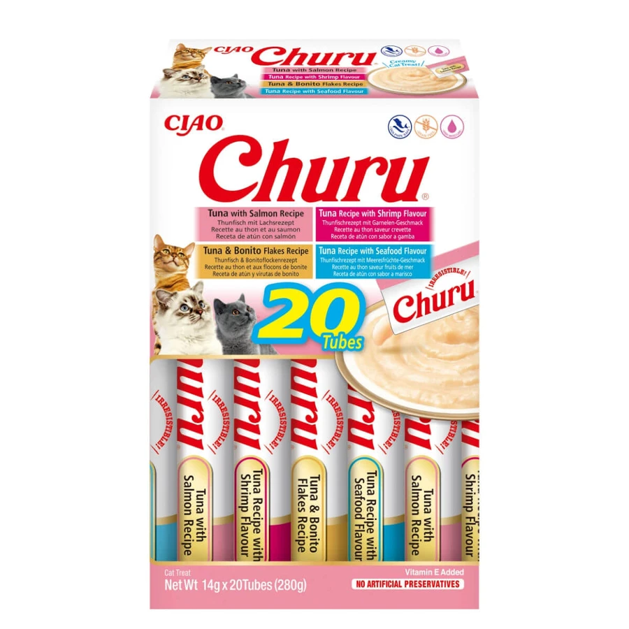 INABA Churu Churu Variedades de Atún y Marisco (Atún y Salmón|Gambas|Bonitos|Marisco), lata, tubo de recompensa para gatos sin cereales, (topping), 280g