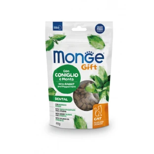 MONGE Gift Dental Dental Filled & Crunchy, Rabbit and Mint, sachet récompense fonctionnel sans céréales pour chats, sensibilités dentaires, 60g