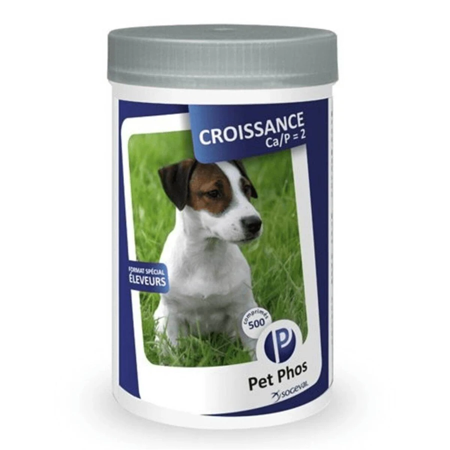 PET PHOS PHOS Croissance Ca/P=2, XS-M, botsysteemsupplement voor jonge honden, fles, 500 tabletten