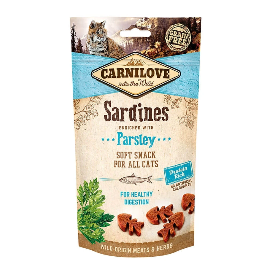 CARNILOVE Semi Moist Snack, Sardine met Peterselie, graanvrije functionele beloningen voor katten, spijsverteringsproblemen, 50g