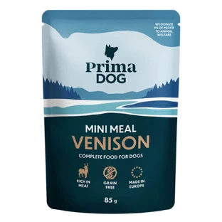 PRIMA DOG Mini Meal, XS-XL, Hunted, sachet de nourriture humide sans céréales pour chiens, (en sauce), bax, 85g x 24pcs