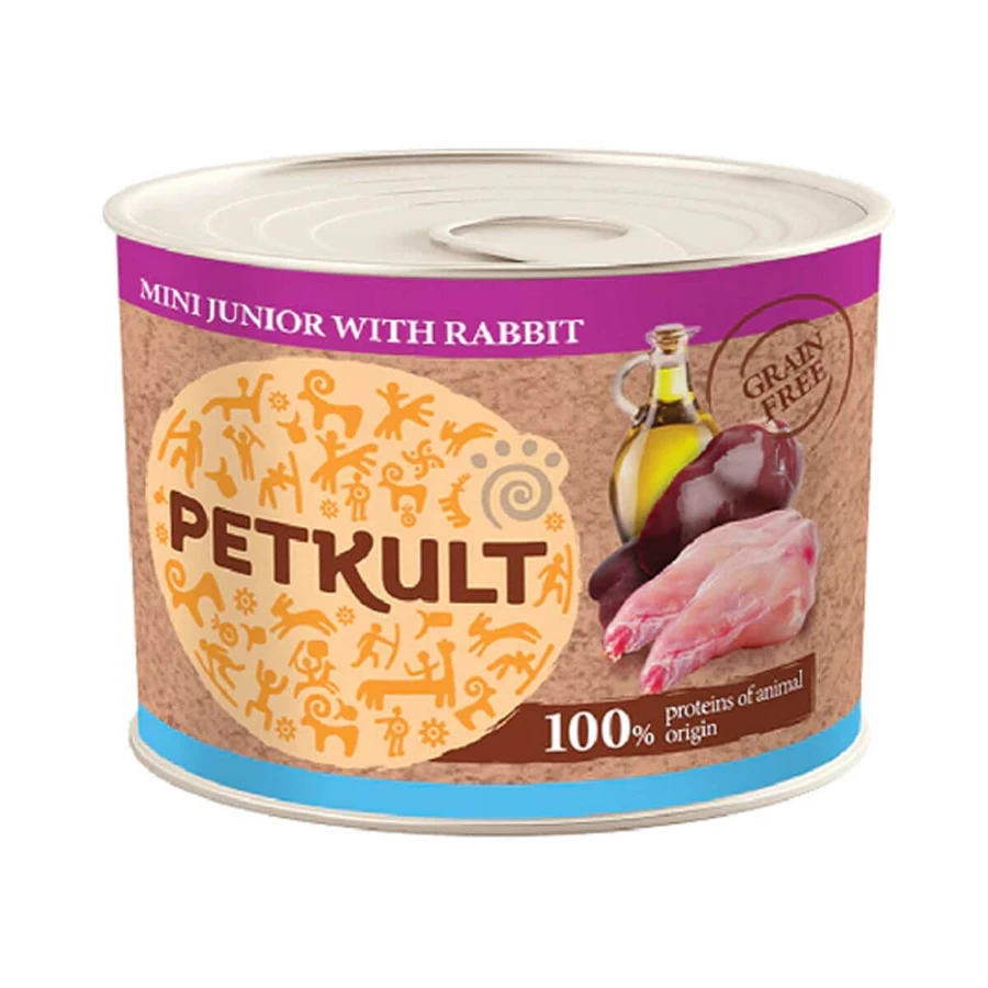 PETKULT Grain Free Mini Junior, Konijn, graanvrij natvoer in blik voor jonge honden, 185g