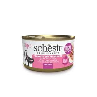 SCHESIR Complementary In Broth, Thunfisch und Schinken, Katzennassfutter in Dosen, (in Suppe), 70g
