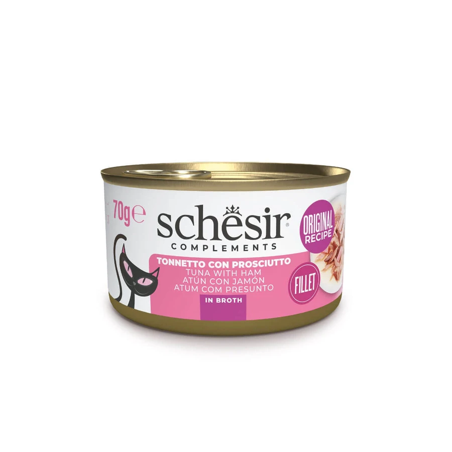SCHESIR Complementary In Broth, Thunfisch und Schinken, Katzennassfutter in Dosen, (in Suppe), 70g