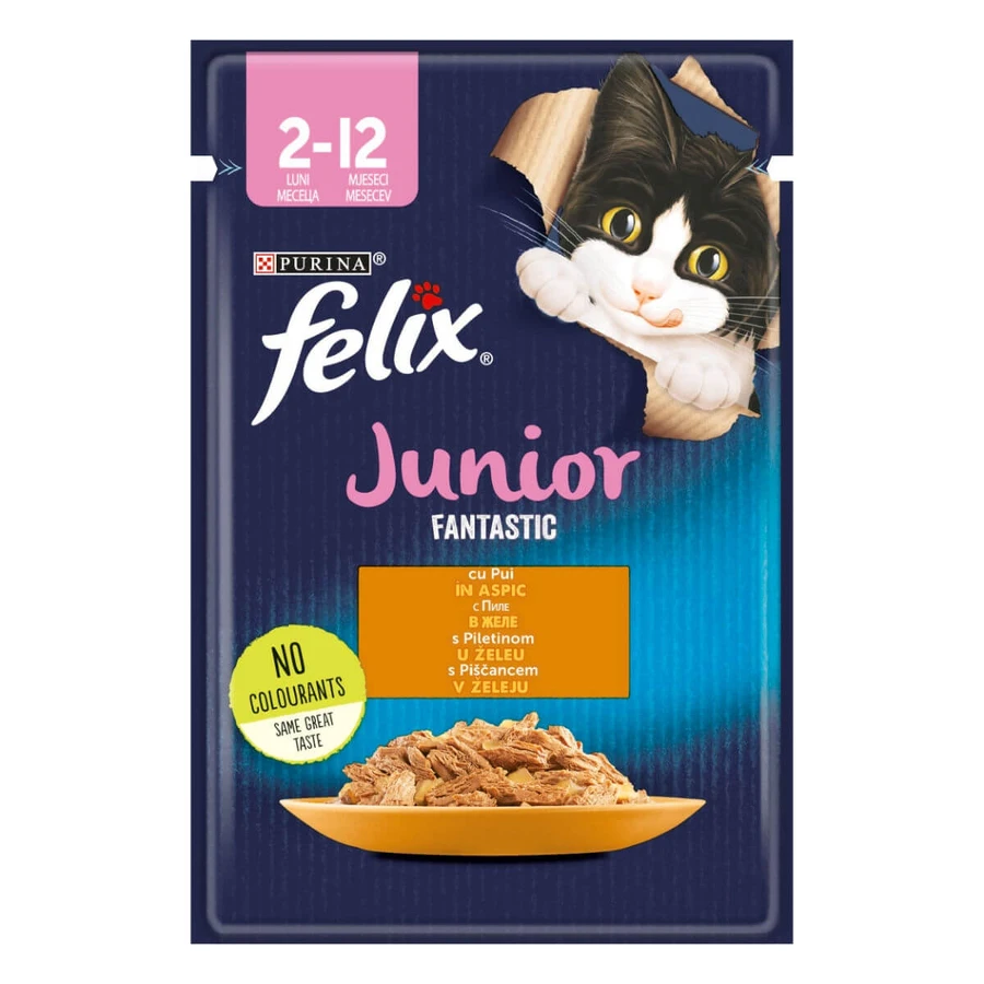 PURINA Felix Fantastic Junior, Pollo, sobre de comida húmeda para gatos junior, (en aspic), 85g