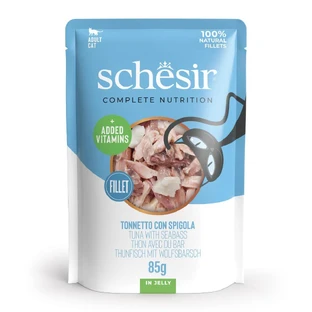 SCHESIR Complete Nutrition, Tuna and Sea Bass, sachet wet cat food, (in aspic), 85g