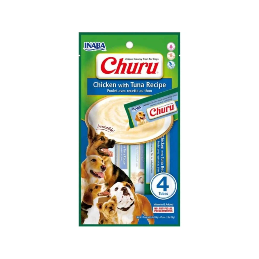 INABA Churu Cremoso, XS-XL, Pollo y Atún, bolsa premios perros sin cereales, (puré), 56g