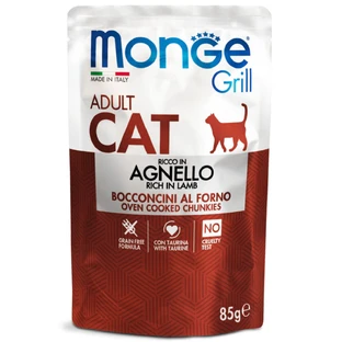 MONGE Grill, Cordero, sobre de comida húmeda para gatos sin cereales, (en aspic), 85g