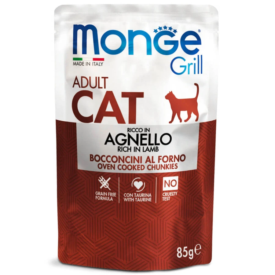 MONGE Grill, Cordero, sobre de comida húmeda para gatos sin cereales, (en aspic), 85g