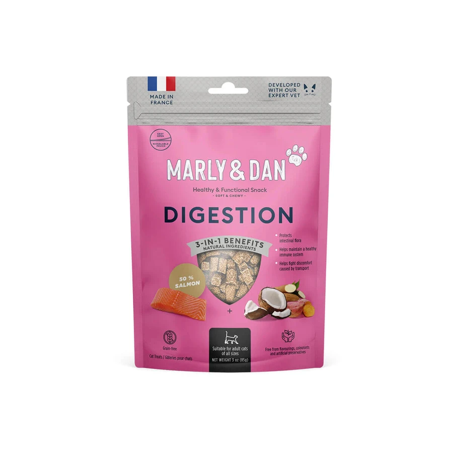 MARLY&DAN Digestion, Saumon, sachet de récompense fonctionnelle sans céréales pour chats, système digestif, 40g