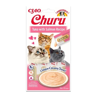 INABA CIAO Churu Churu Purée, thon et saumon, friandises liquides sans céréales pour chats, garniture crémeuse, 14g x 4 x 4