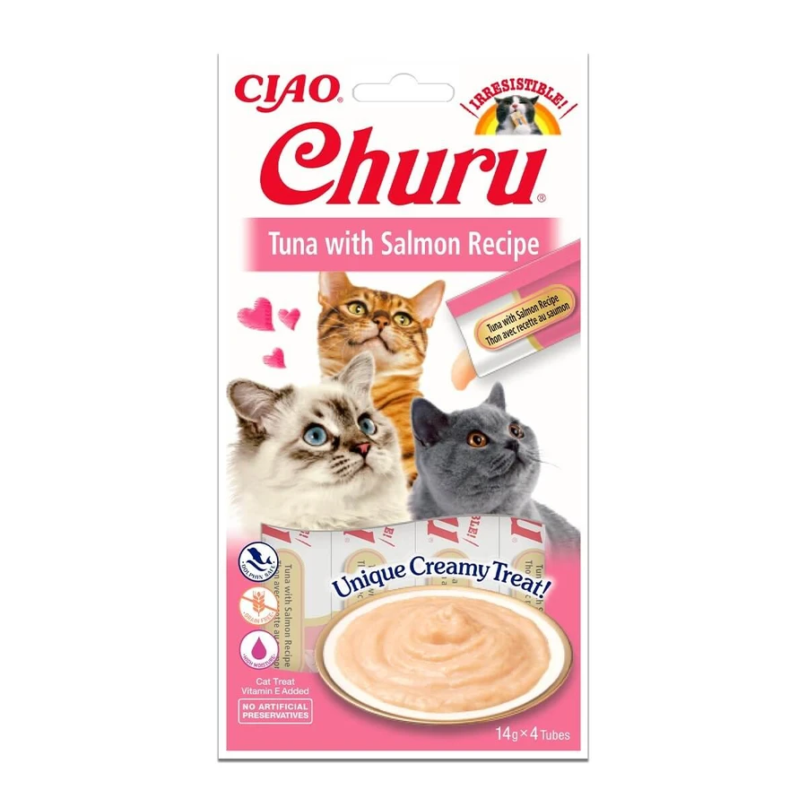 INABA CIAO Churu Churu Purée, Tuna and Salmon, liquid grain-free cat treats, creamy topping, 14g x 4 x 4