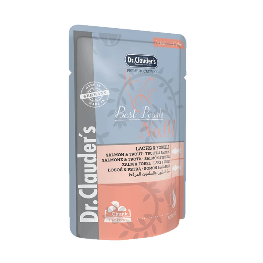 DR. CLAUDER'S, Zalm en Forel, zakje nat kattenvoer, (in aspic), 100g