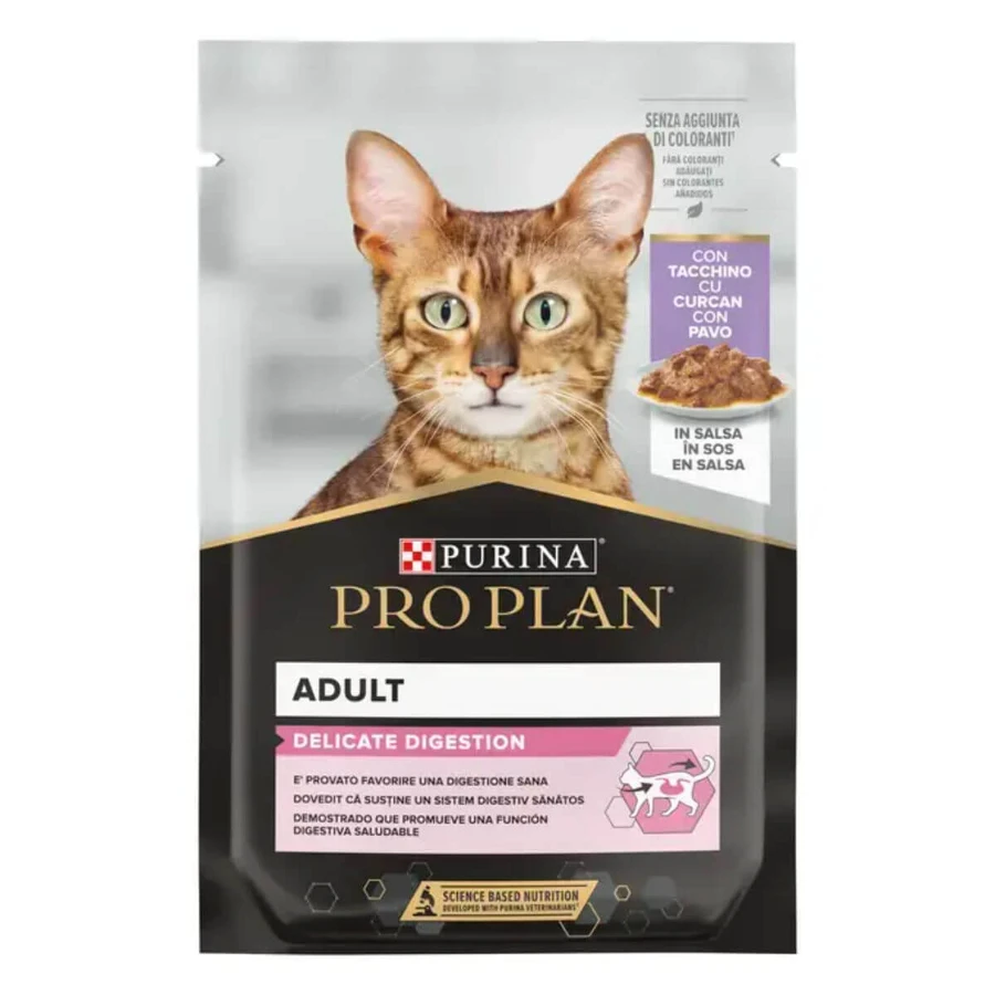 PURINA Pro Plan Delicate Digestion, Truthahn, Sachet Nassfutter für Katzen, Verdauungssystem, (in Sauce), 85g