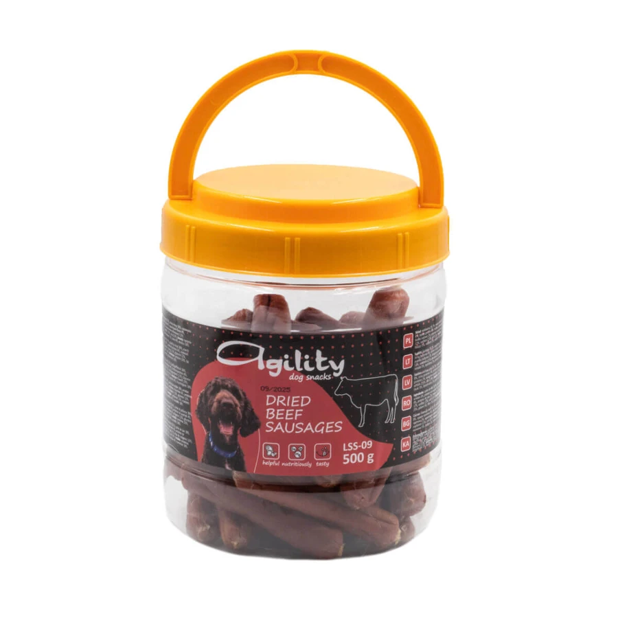 AGILITY Dried Sausages, XS-XL, Beef, bucket, reward dogs, 500g