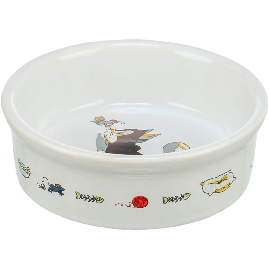 TRIXIE Cat & Mouse, comedero para gatos, redondo, cerámica, blanco, 0,2l, ⌀12cm