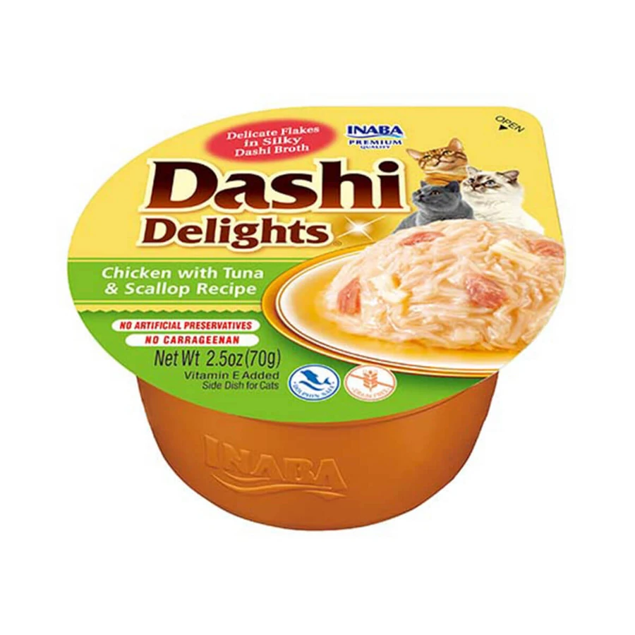 INABA Ciao Dashi, Chicken, Tuna and Scallops, bowl wet cereal-free cat food, (in sauce), 70g