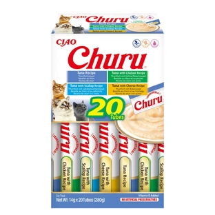 INABA Churu Tonijnvariëteiten (Tonijn, Tonijn en Kip| Tonijn, Tonijn en Kip|Kaas|Schelpdieren), blik, graanvrije kat beloningskoker, (topping), 280g