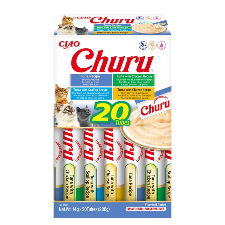 INABA Churu Tonijnvariëteiten (Tonijn, Tonijn en Kip| Tonijn, Tonijn en Kip|Kaas|Schelpdieren), blik, graanvrije kat beloningskoker, (topping), 280g