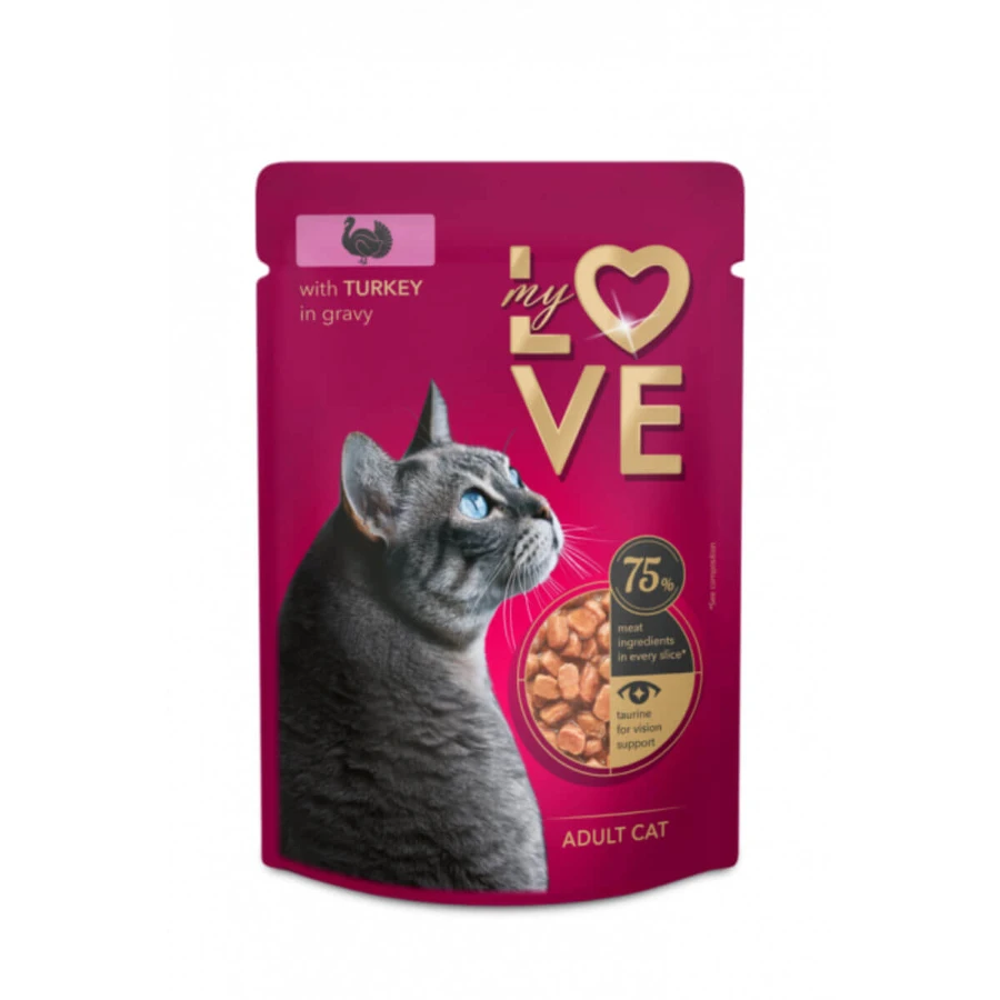 MY LOVE, Kalkoen, zakje natvoer voor katten (in jus), 85g