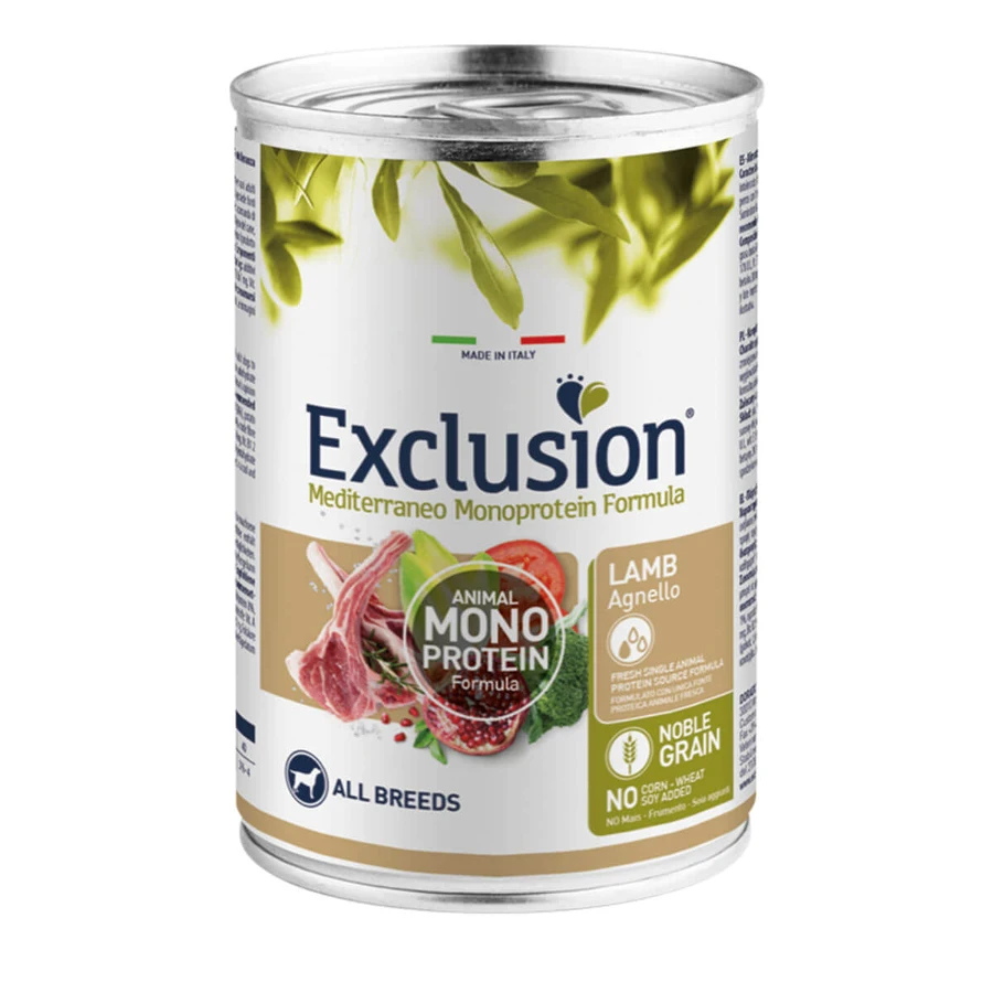 EXCLUSION Mediterraneo Mediterraneo Fórmula Monoproteica, XS-XL, Cordero, comida húmeda en lata monoproteica para perros, (paté), 400g