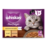 WHISKAS Pure Delight Selections Geflügel, Huhn und Truthahn, Sachet Nassfutter für Katzen, (in Aspik), Multipack, 85g x 4