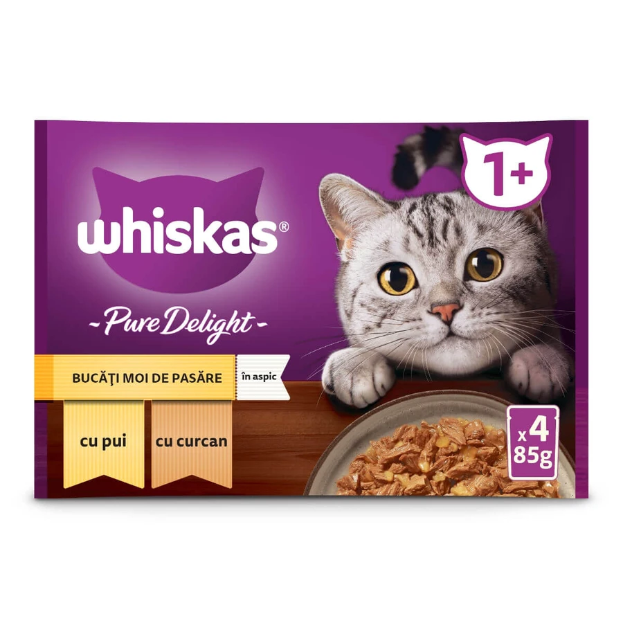 WHISKAS Pure Delight Selections Geflügel, Huhn und Truthahn, Sachet Nassfutter für Katzen, (in Aspik), Multipack, 85g x 4
