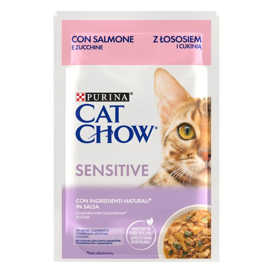 PURINA Cat Chow Sensitive, Lachs und Kürbis, Sachet Nassfutter für Katzen, Verdauungssystem, (in Sauce), 85g