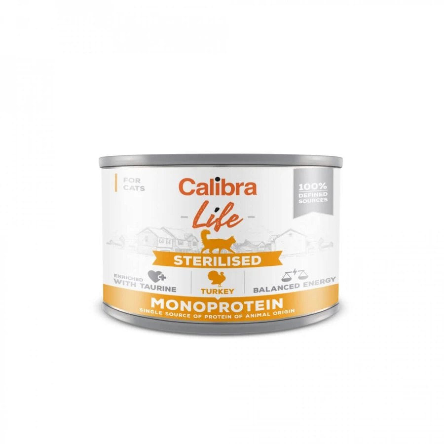 CALIBRA Life Life Sterilized Turkey, Pavo, comida húmeda en lata monoproteica, sin cereales, para gatos esterilizados, (paté), 200g