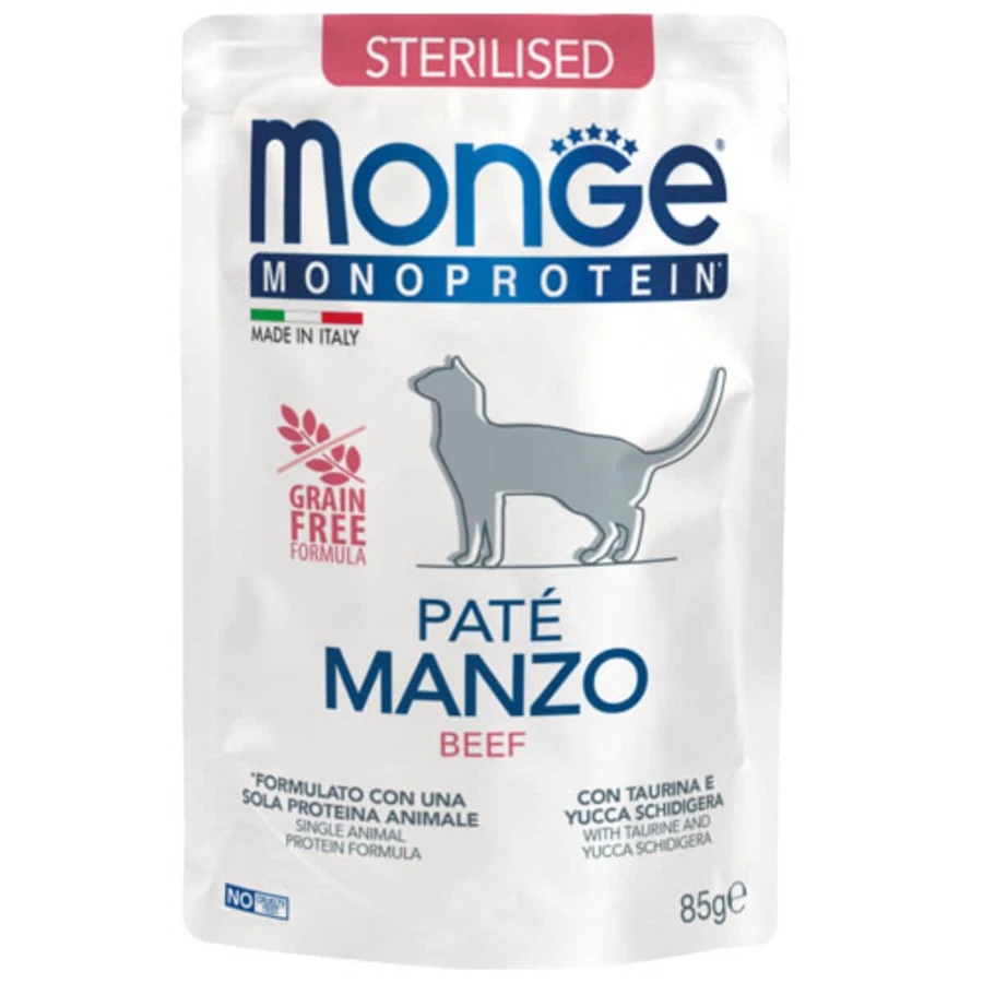 MONGE Monoprotein Sterilized, Rind, Beutel mit nur einem Protein, getreidefrei, für sterilisierte Katzen, (Pastete), 85g