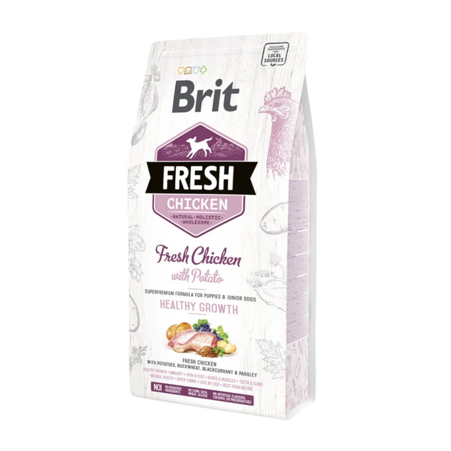 BRIT Fresh Healthy Growth Puppy & Junior S-XL, Pollo con patata, alimento seco bajo en cereales para perros junior, 2,5kg