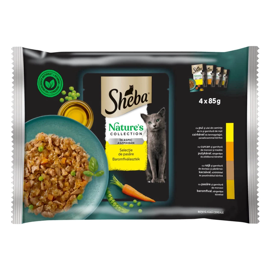 SHEBA Nature's Collection, Aves de corral, comida húmeda en sobres, comida para gatos sin cereales, (en salsa), 85g x4pcs