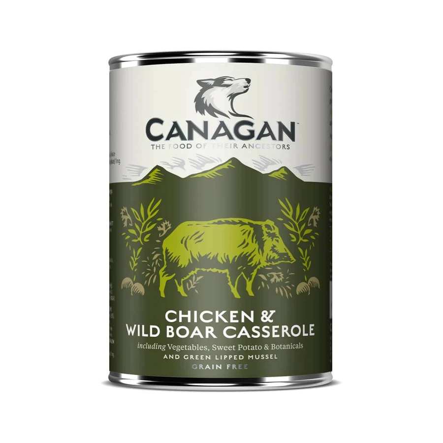 CANAGAN Kip & Wild Zwijn Casserole, XS-XL, Kip & Wild Zwijn, graanvrij natvoer in blik voor junior & volwassen honden, (in soep), 400g