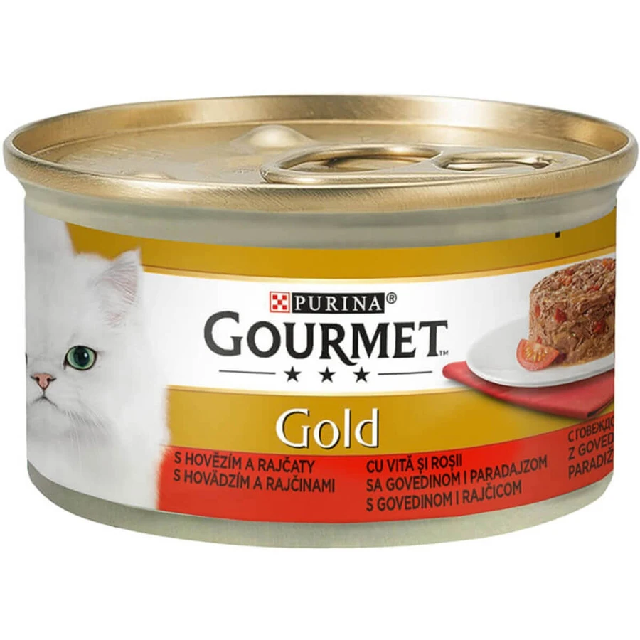 PURINA Gourmet Gourmet Gold Savoury Cake, Beef with Tomatoes, canned moist cat food, (pieces of meat), 85g