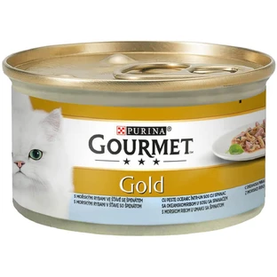 PURINA Gourmet Gold Double Pleasure, Oceaanvis met Spinazie, nat kattenvoer in blik, (in saus), 85g