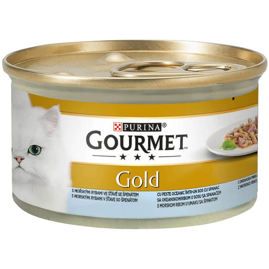 PURINA Gourmet Gold Double Pleasure, Oceaanvis met Spinazie, nat kattenvoer in blik, (in saus), 85g