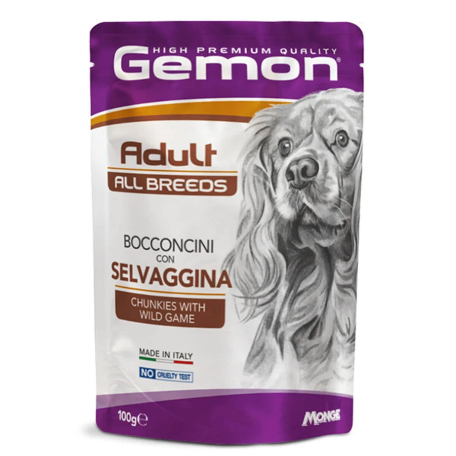 GEMON Todas las razas, XS-XL, Cazado, comida húmeda en bolsitas sin cereales, (en aspic), 100g
