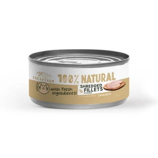 FRESH FARM Filetes desmenuzados, Pollo, comida húmeda en lata sin cereales para gatos, (en salsa), 70g