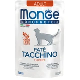 MONGE Monoproteína, Pavo, sobre, mono proteína, comida húmeda para gatos sin cereales, (paté), 85g