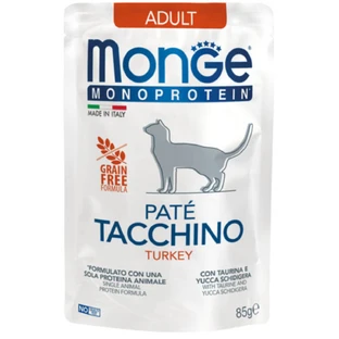 MONGE Monoprotein, Kalkoen, zakje, enkelvoudig eiwit, graanvrij nat kattenvoer, (pate), 85g