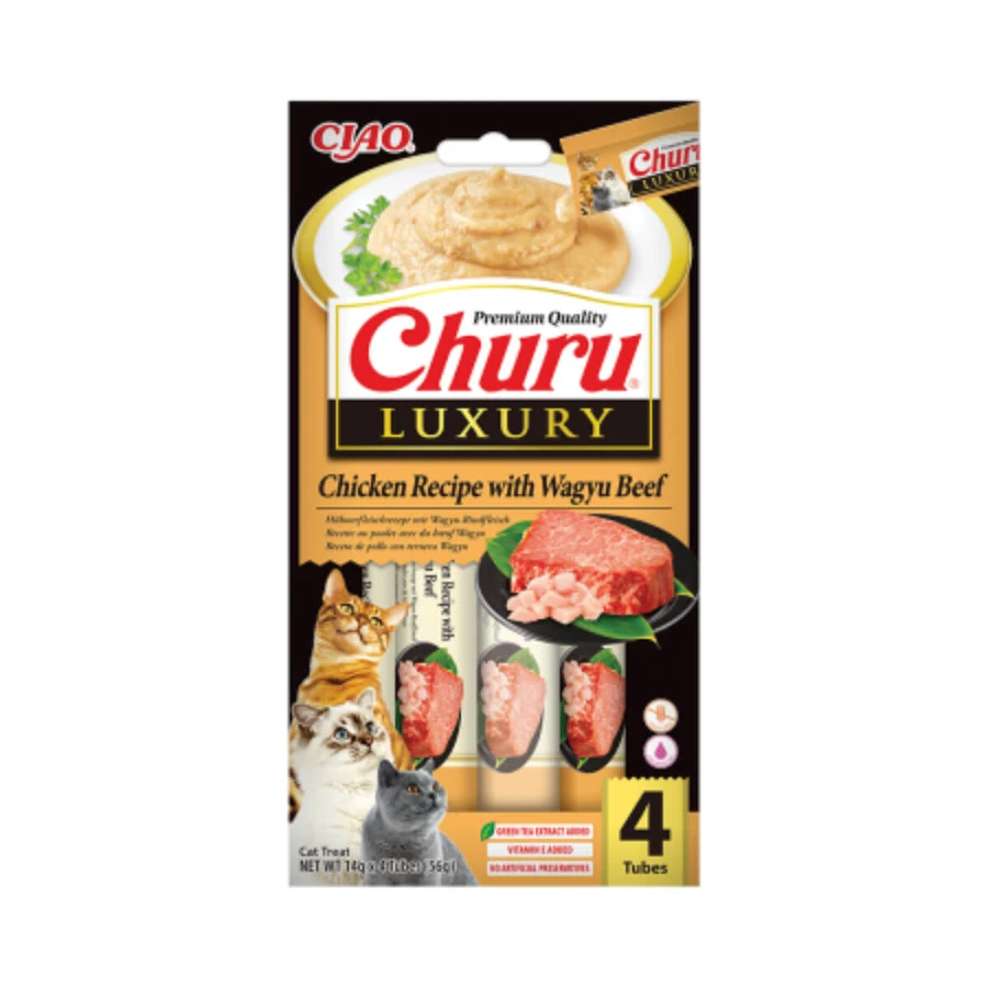 INABA Churu Luxury, Thunfisch und Wagyu-Rind, getreidefreier Belohnungsbeutel für Katzen, (Püree), 56g