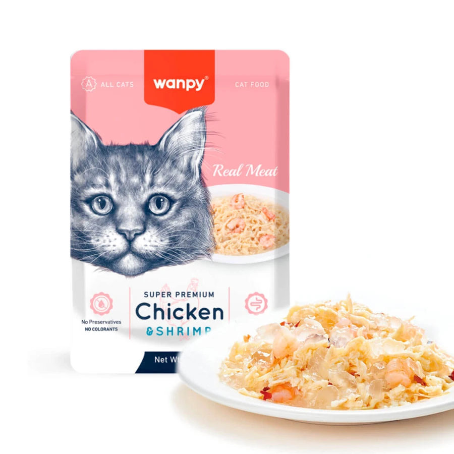WANPY, Pollo y gambas, bolsa de comida húmeda para gatos, (en aspic), 85g