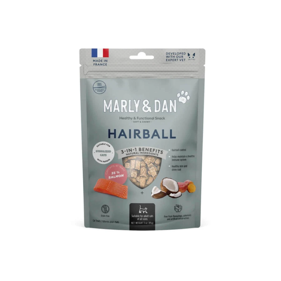 MARLY&DAN Hairball, Salmon, graanvrij functioneel beloningszakje voor gesteriliseerde katten, haarbalbeperking, 40g